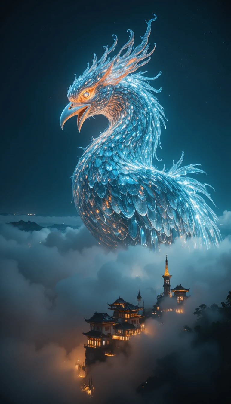 Glowing phoenix above a tiny Chinese village at night