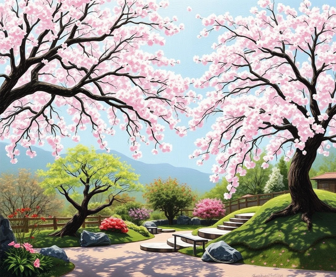 Tranquilo jardín japonés con cerezos en flor en primavera