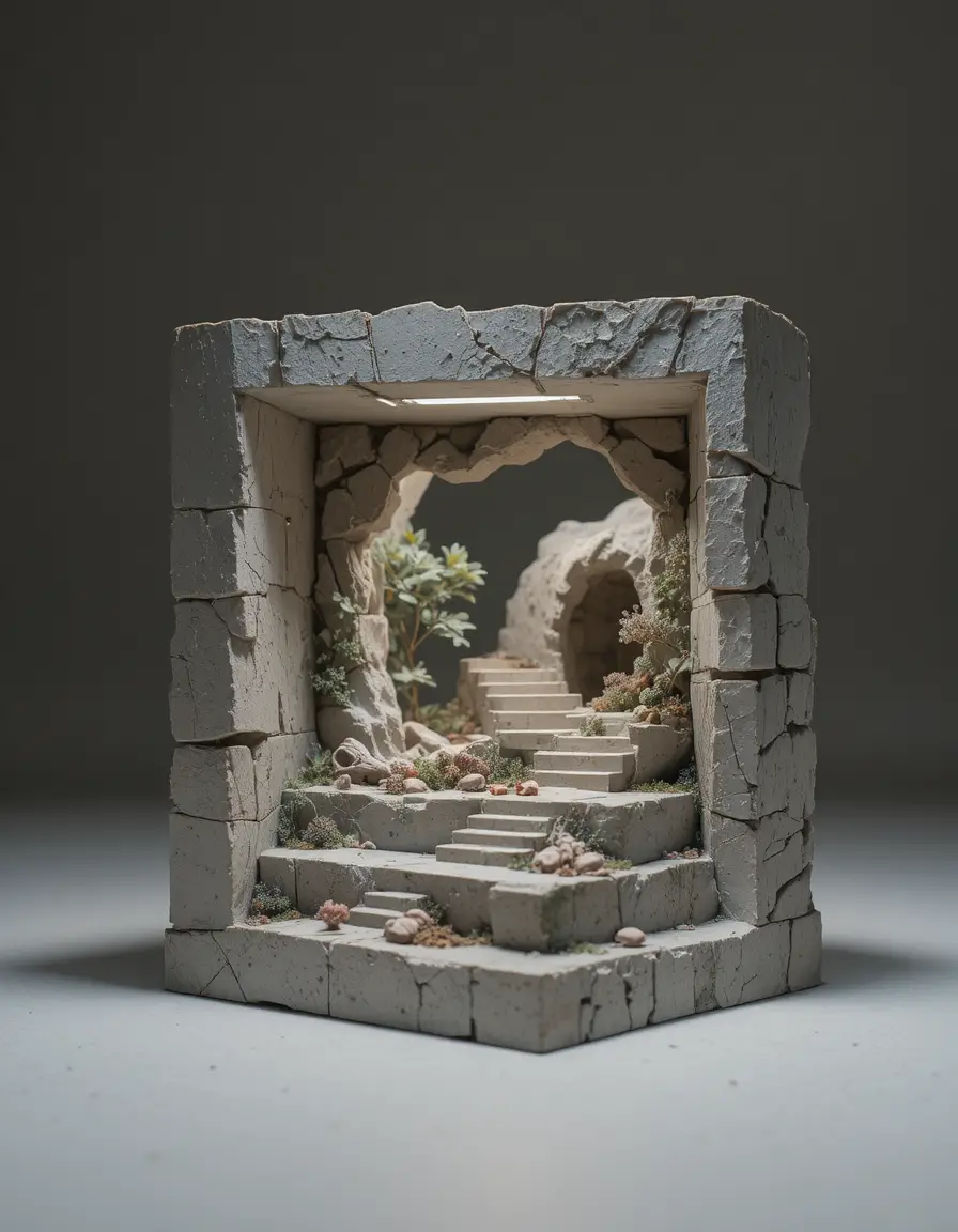 Macro sculpture of a symbolic world within geometric form