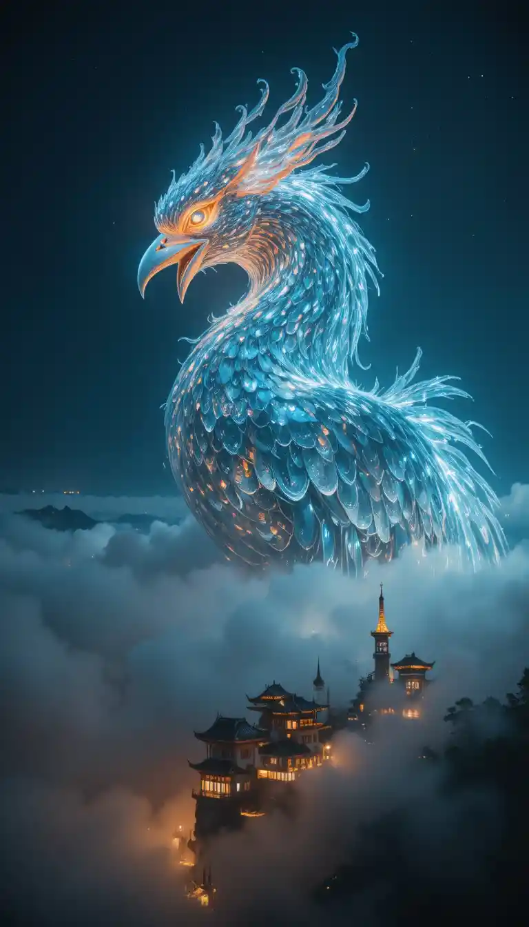 Glowing phoenix above a tiny Chinese village at night
