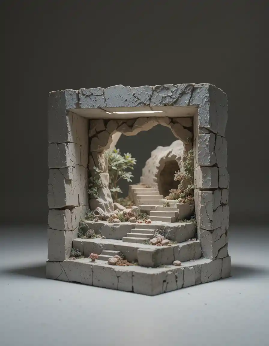 Macro sculpture of a symbolic world within geometric form