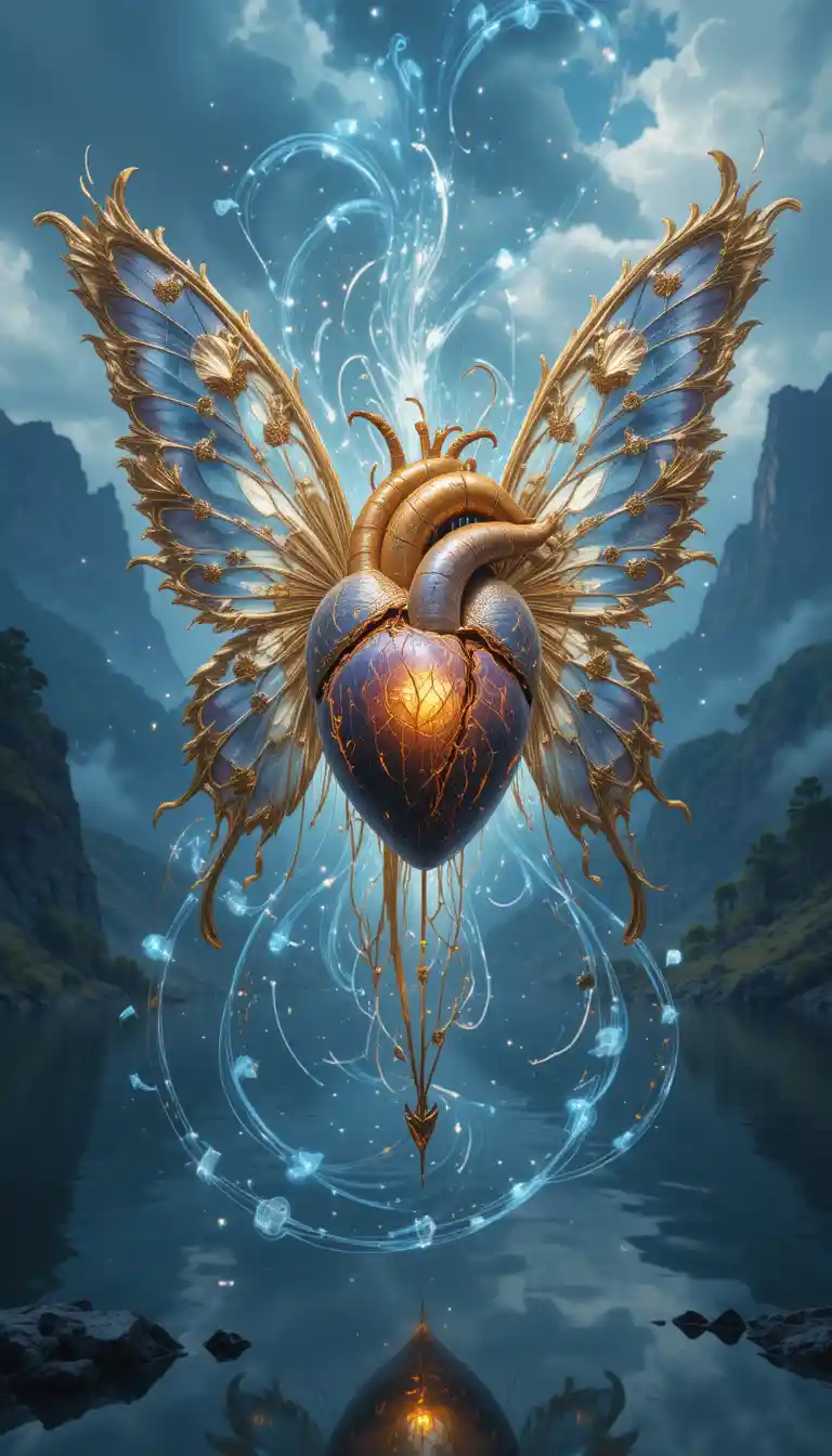Heart Encased In Transparent Butterfly Wings Over Mystic Lake
