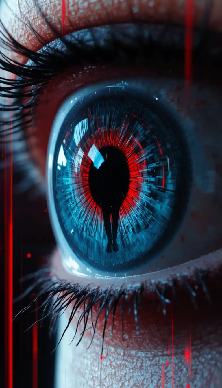 Extreme close up of a colorful eye with digital glitch background