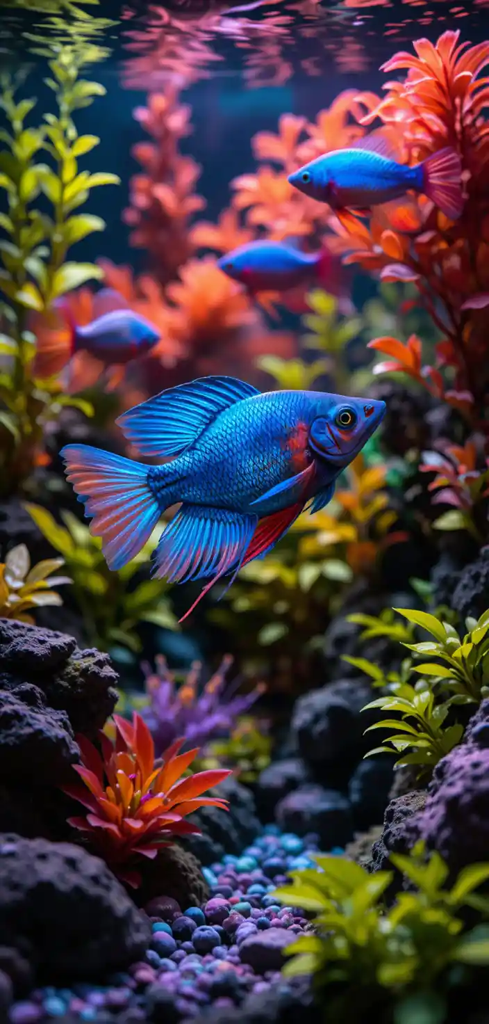 Pesci neon tetra blu in un acquario piantumato rigoglioso