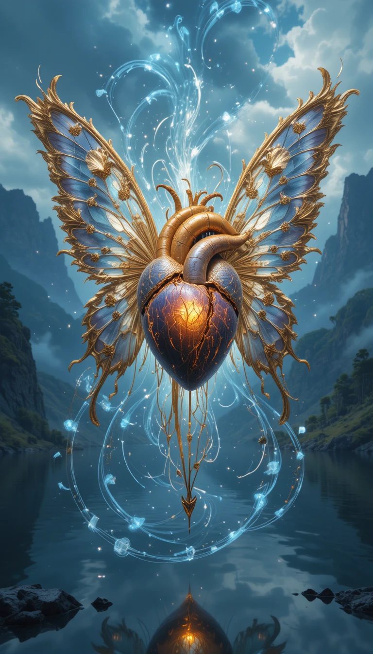 Heart Encased In Transparent Butterfly Wings Over Mystic Lake