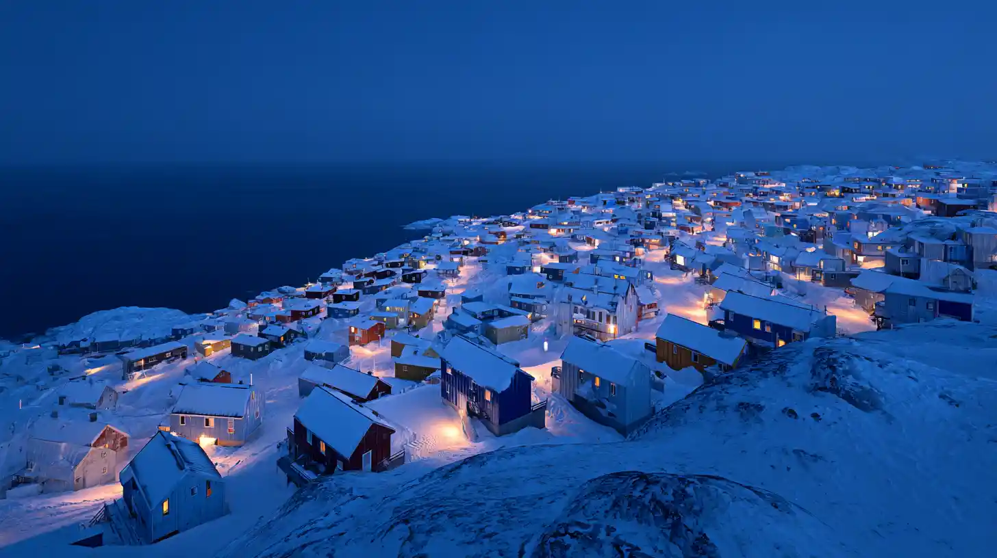 Cittadina costiera della Groenlandia all’ora blu sopra l’Oceano Artico
