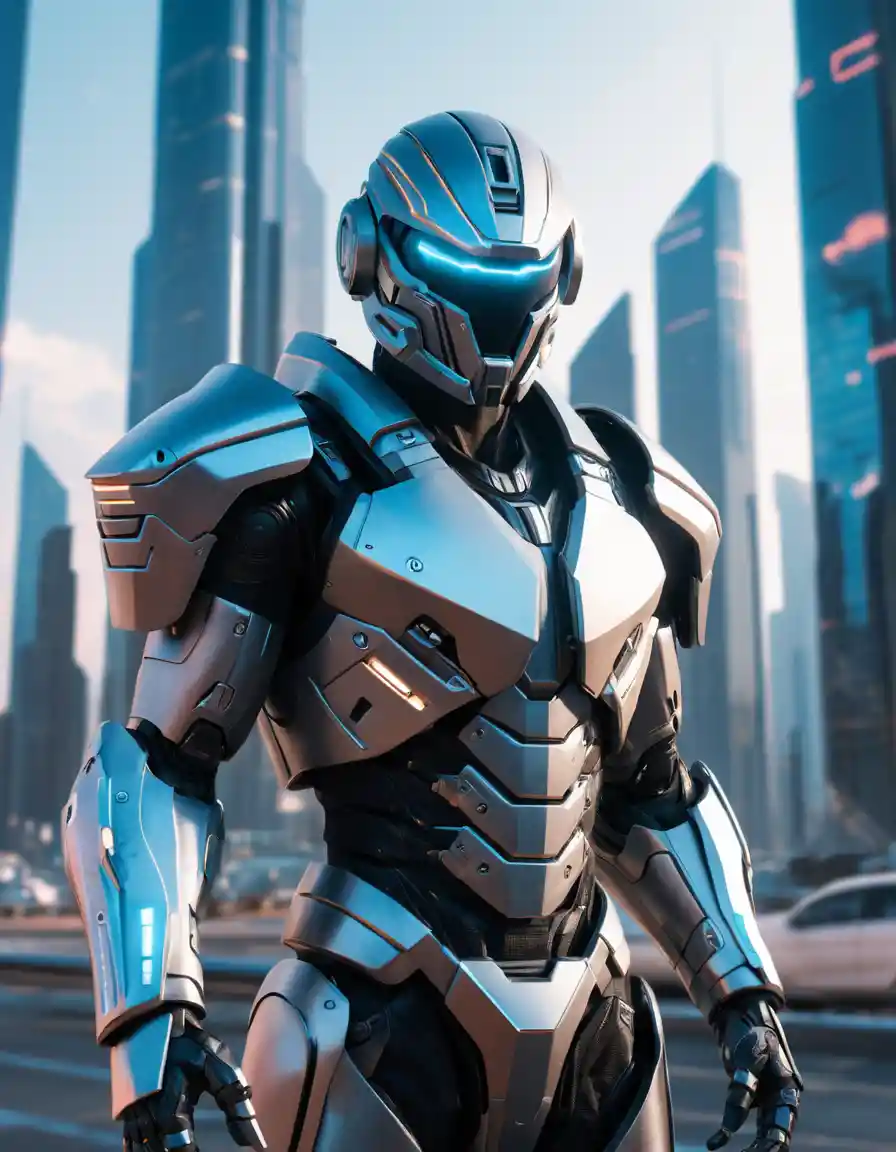 Cybernetic warrior before a glowing futuristic city skyline