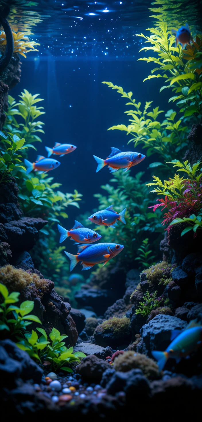 Pesce neon blu in un acquario piantumato rigoglioso in primo piano