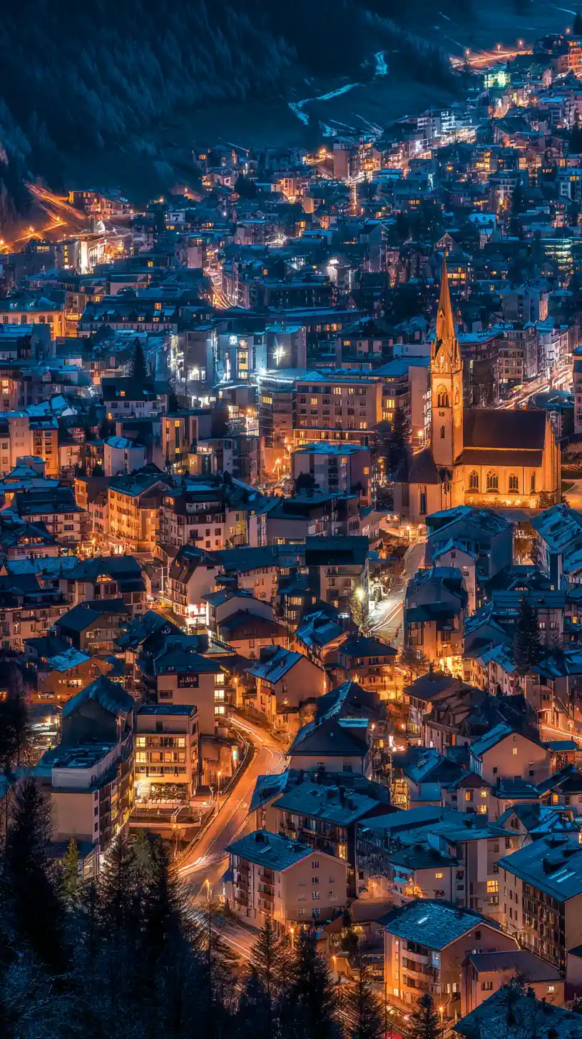 Nighttime alpine townscape with glowing hillside village lights