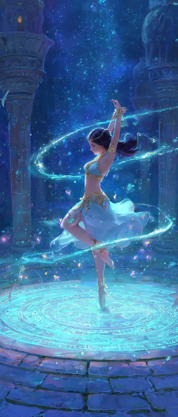 Fantasy belly dancer on glowing rune stone stage