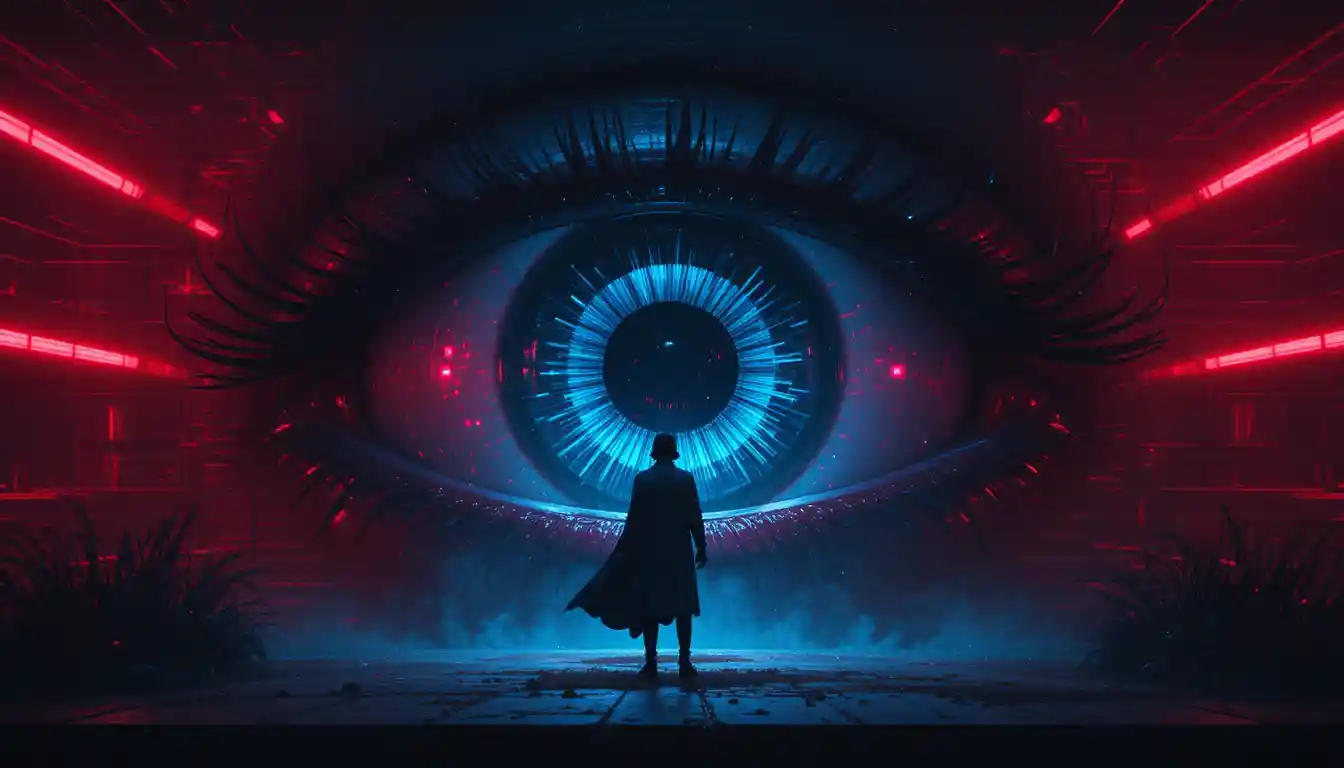 Surreal blue eye with silhouette under red glitch glow