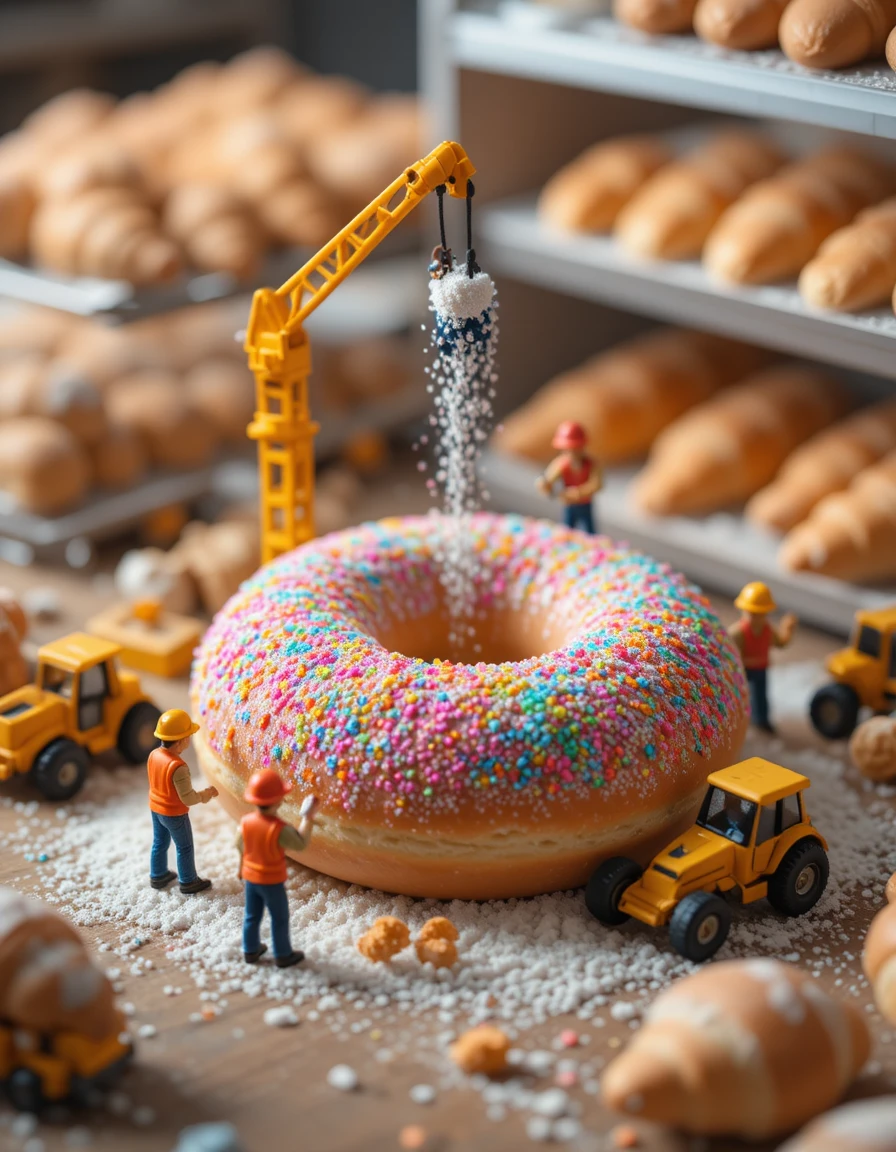 Trabajadores en miniatura construyendo una dona gigante en una panadería