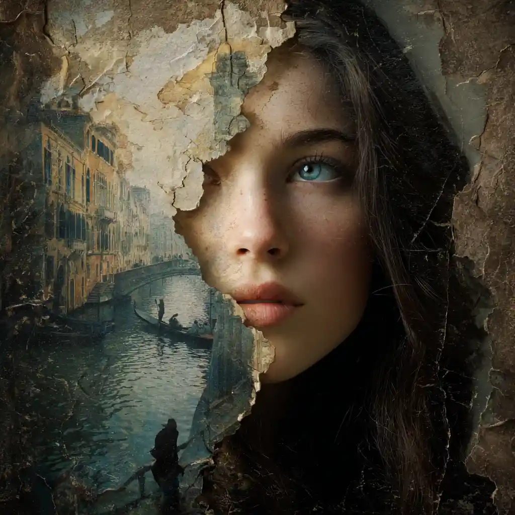 Surreal portrait of a woman merging with a weathered painting