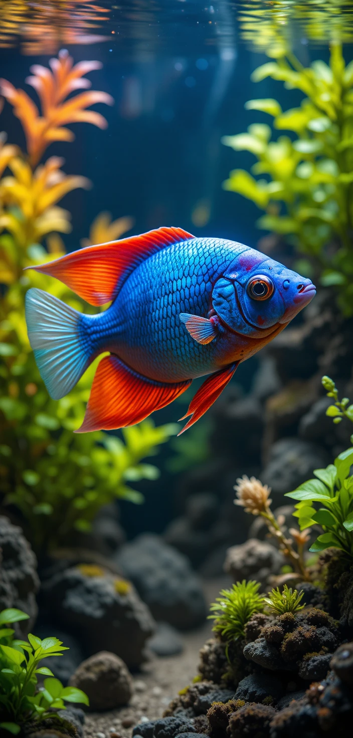 Primer plano de un pez tetra neón en un acuario plantado y frondoso