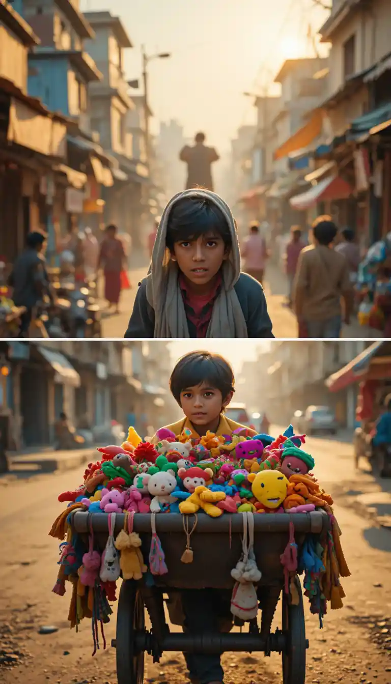 Young boy selling colorful toys in a village market