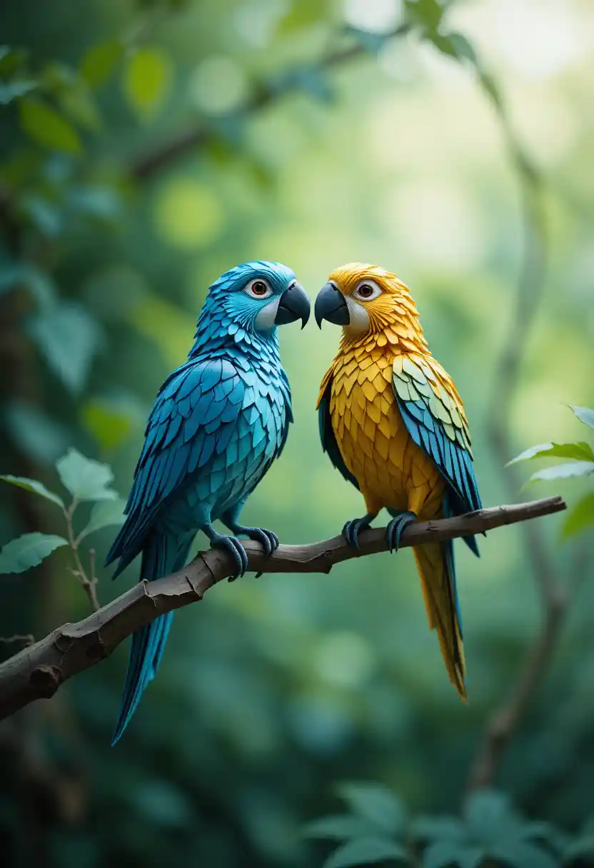 Colorful origami parrots perched on a branch in soft focus