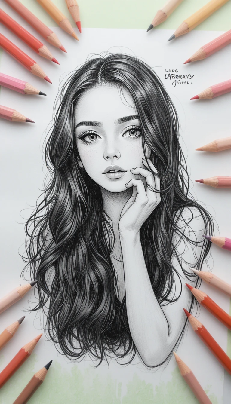 Pencil sketch portrait of a thoughtful girl with long hair