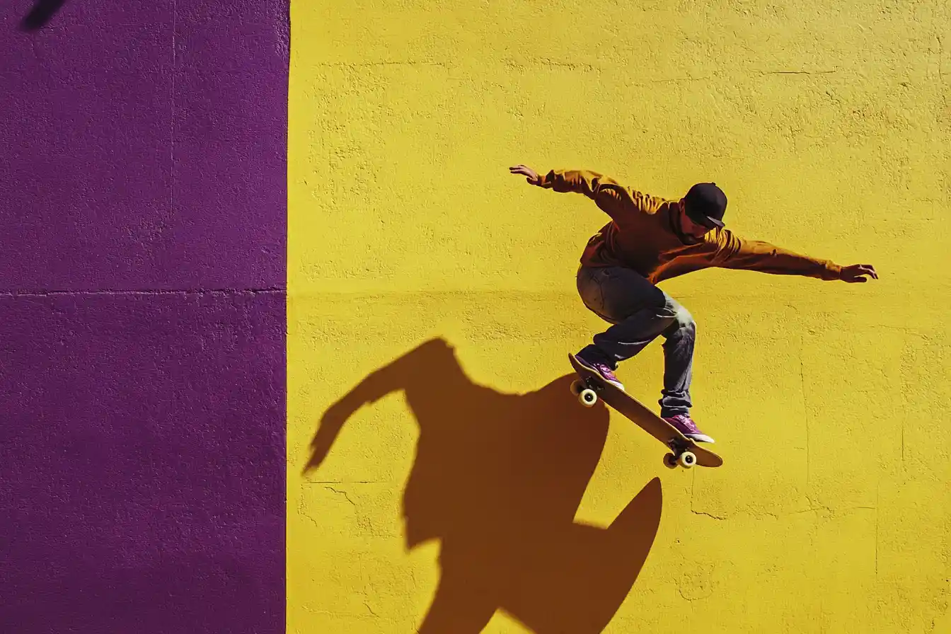 Skateboarder flying across bright yellow wall in hard sunlight