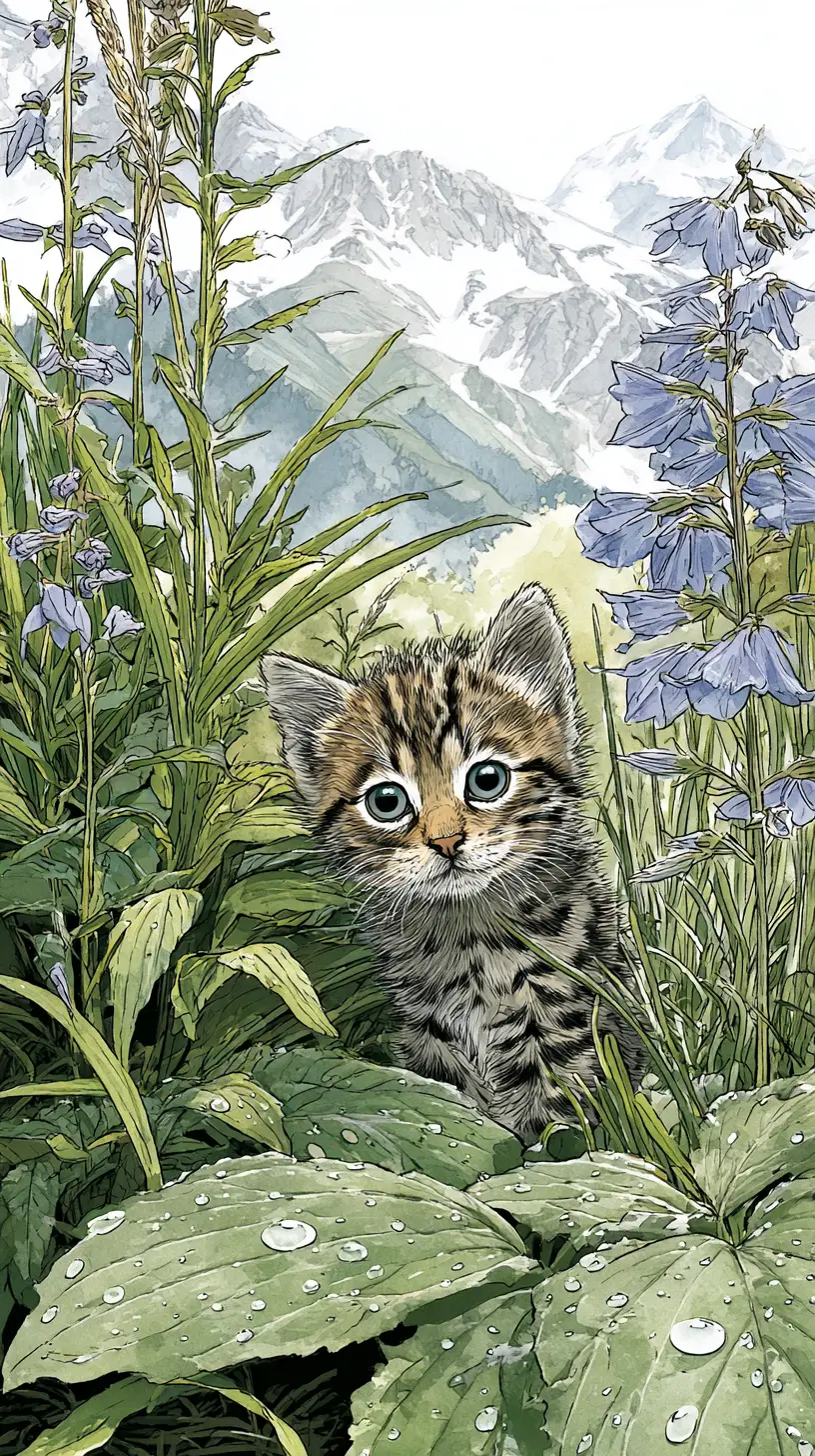 Little tabby kitten among dandelions in the mountains