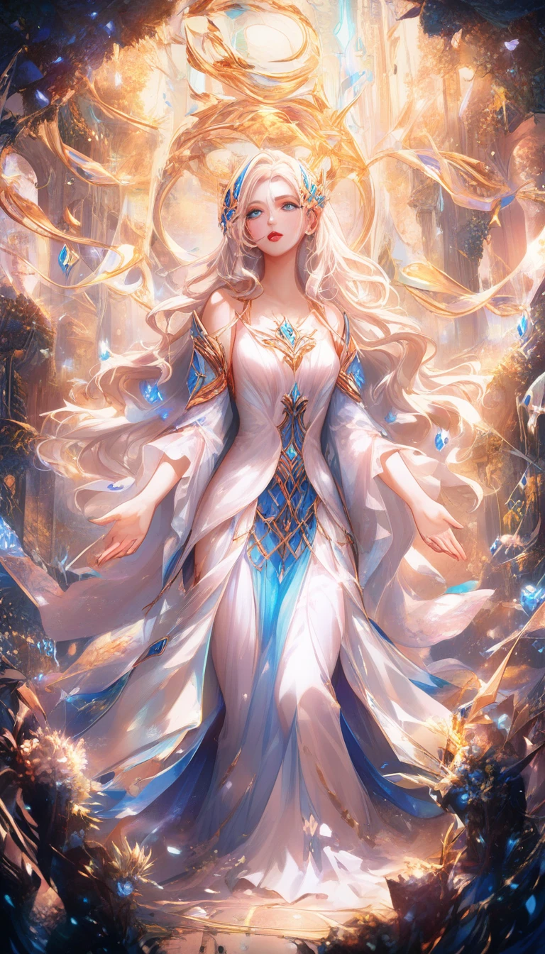 Ethereal goddess descending before ancient mystical ruins