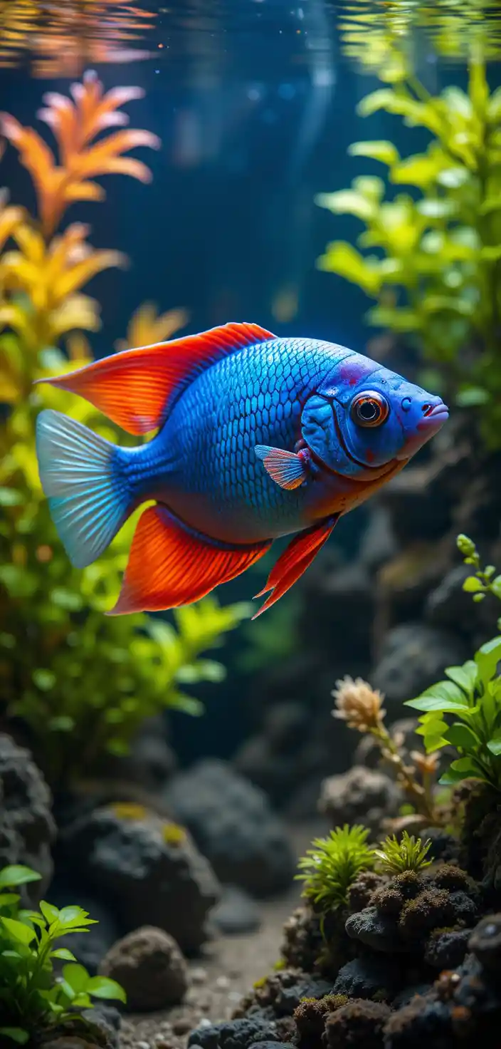 Primer plano de un pez tetra neón en un acuario plantado y frondoso