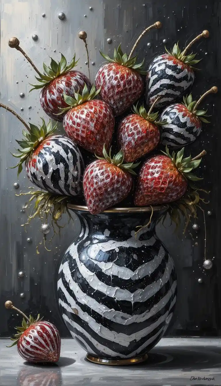Fraises duveteuses à motif zébré dans un vase, vue de côté