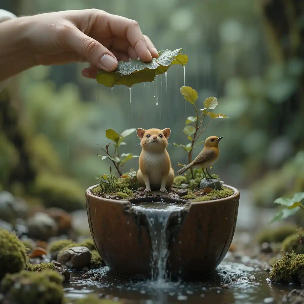 Tiny woodland world sheltered by caring human hands