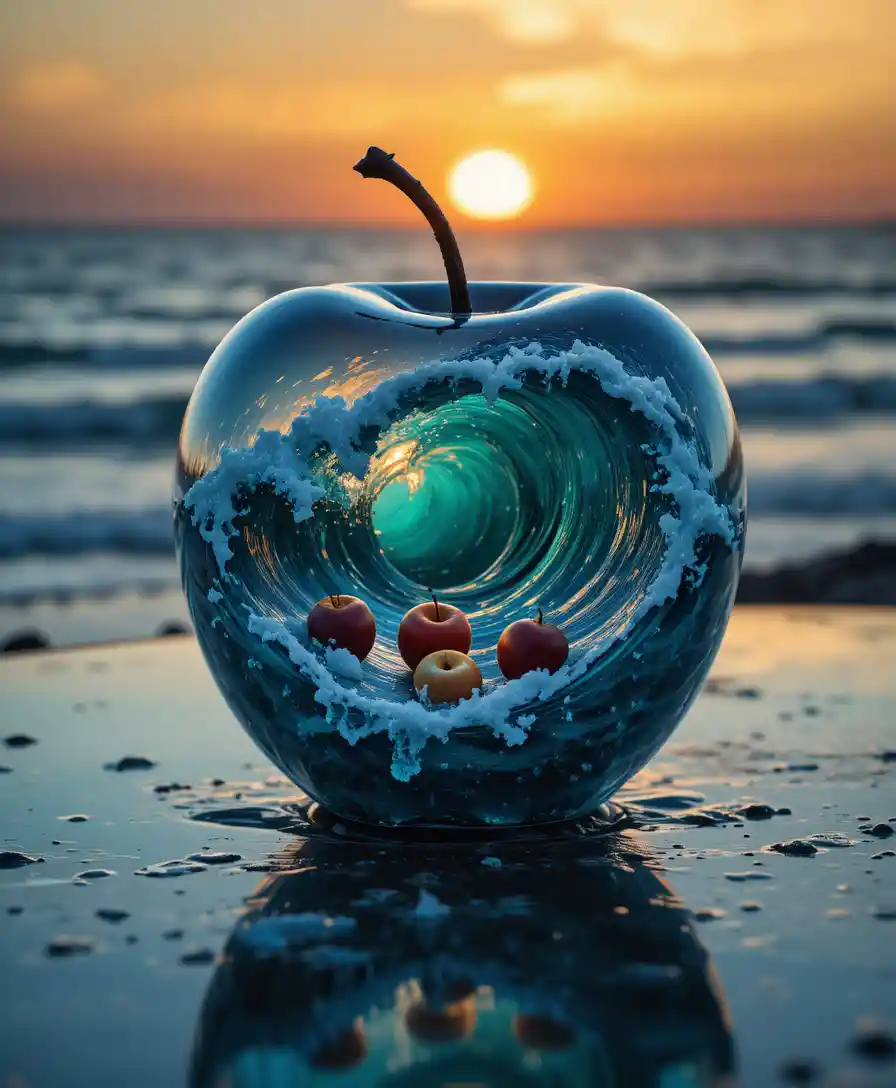 夕陽海邊的超現實玻璃蘋果雕塑