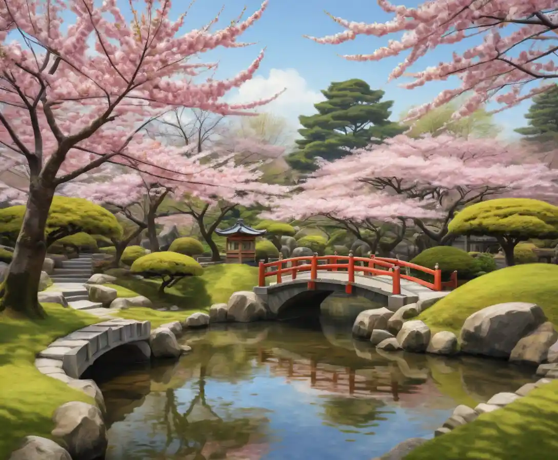 Tranquilo jardín japonés con cerezos en flor de primavera