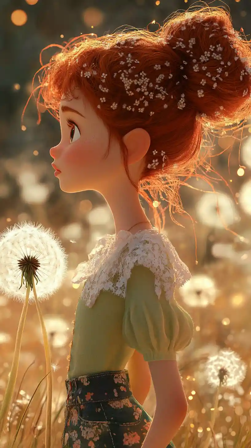 Red haired fairy girl watching a giant dandelion