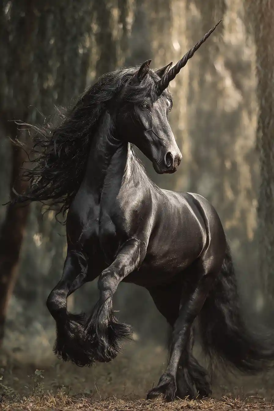 Black andalusian unicorn rearing in an ominous forest