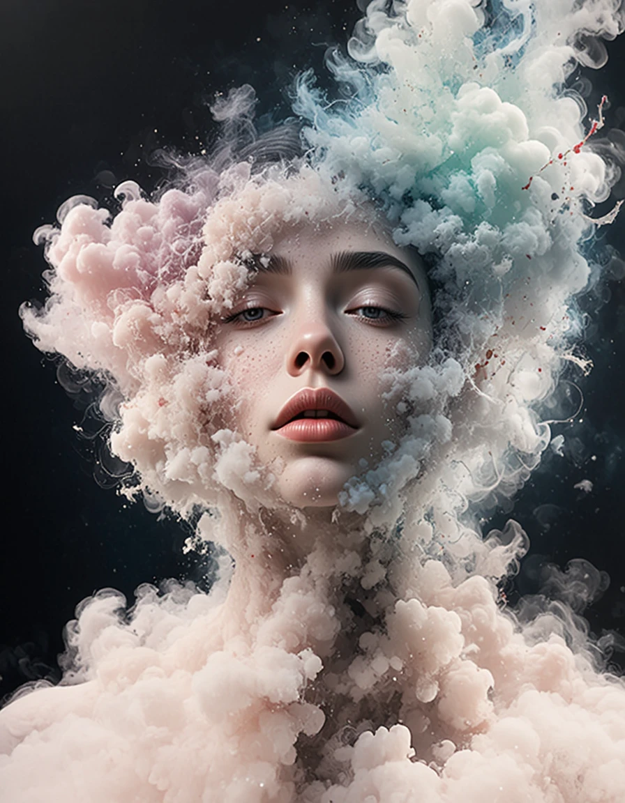 Surrealistisches Porträt eines Gesichts, das sich in schwebende Wolken auflöst