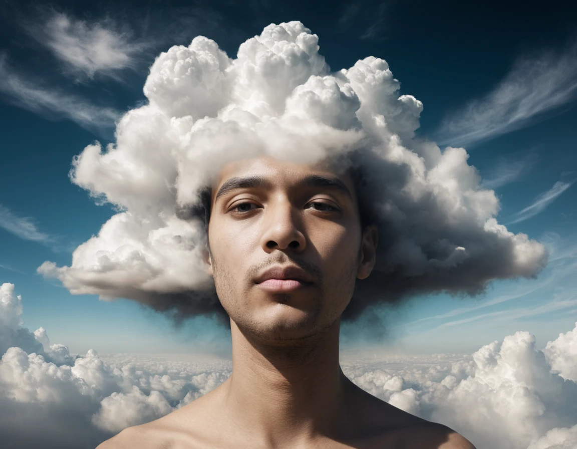 Surrealistisches Porträt eines Gesichts, das sich in treibende Wolken auflöst