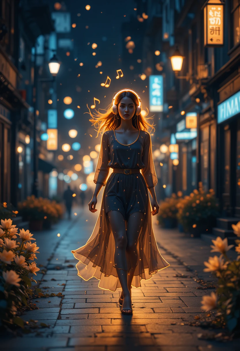 Girl with headphones walking through glowing night city street