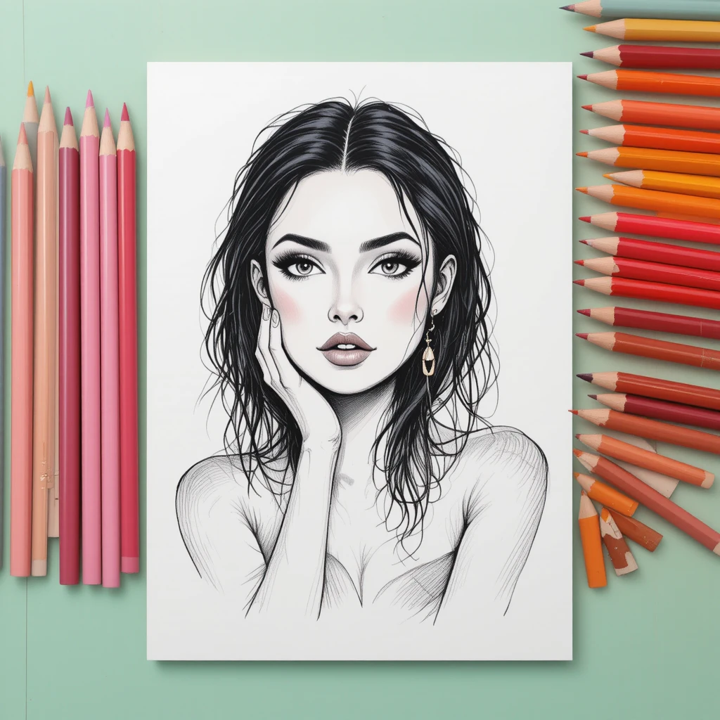 Pencil sketch girl with long hair surrounded by colored pencils