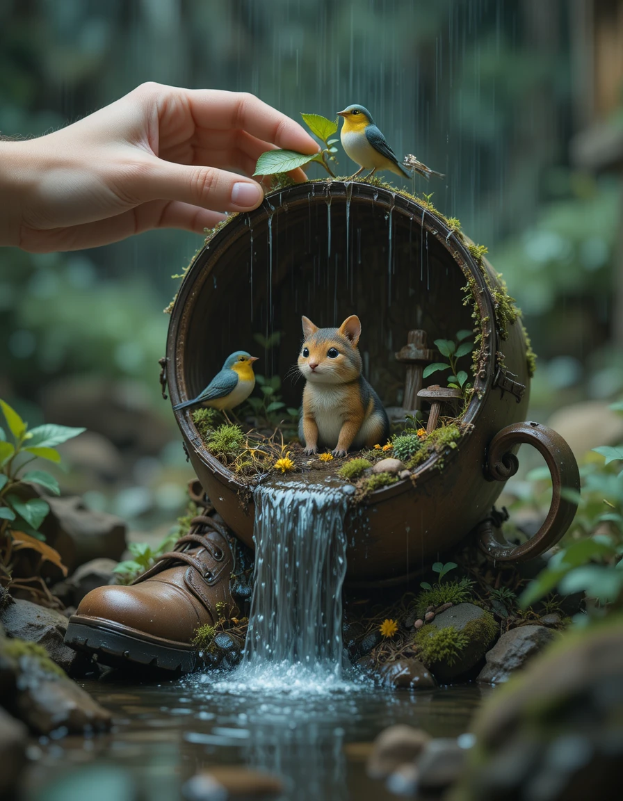 Animalzinho da floresta em miniatura protegido por mãos e folha