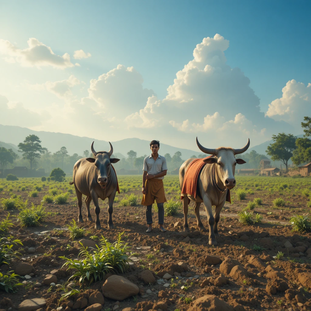 Agricultor indio arando un campo rural verde al amanecer
