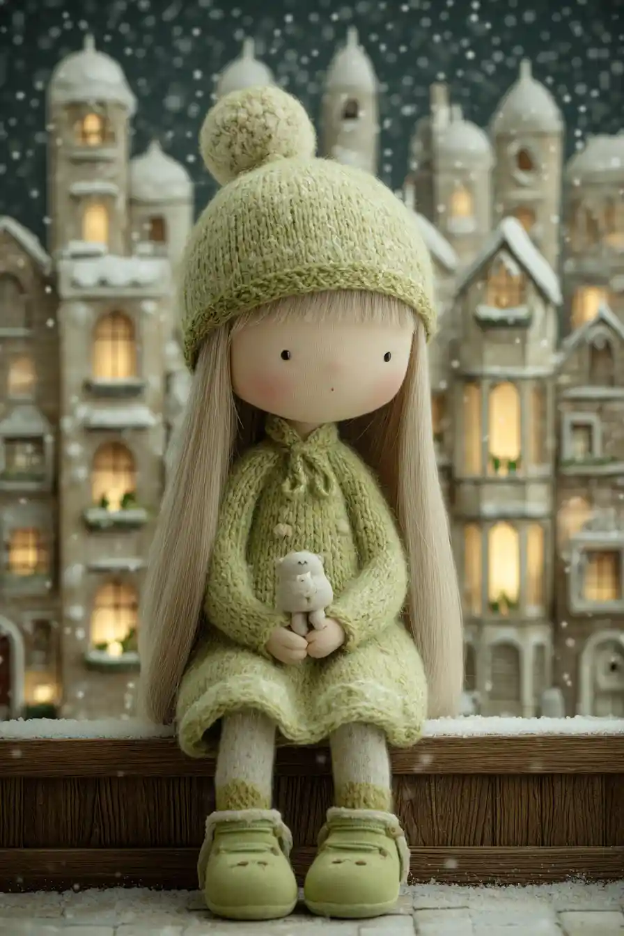 Girl in lime winter dress in cozy fantasy village