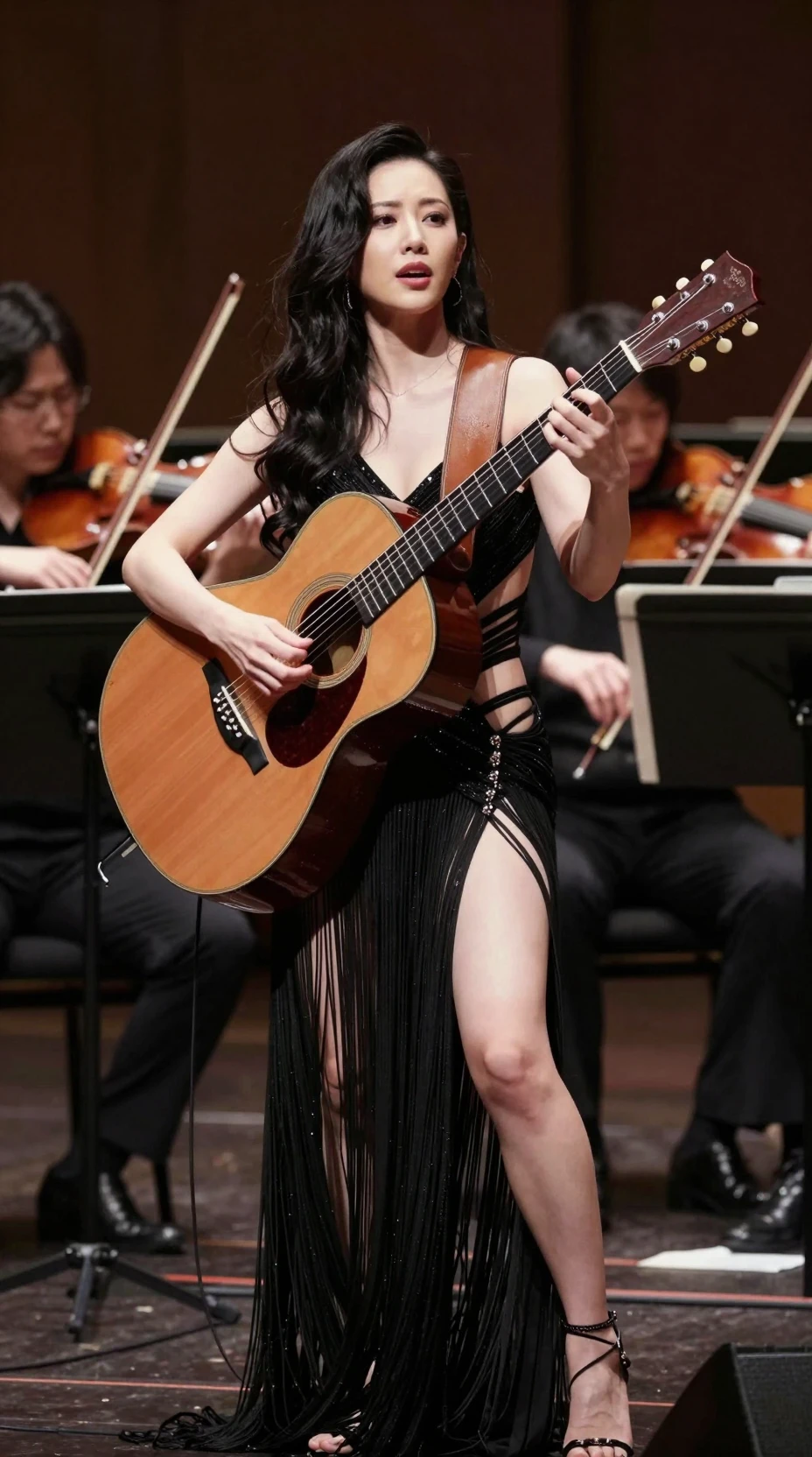 室内オーケストラと共演する日本人ギタリストのソロ演奏