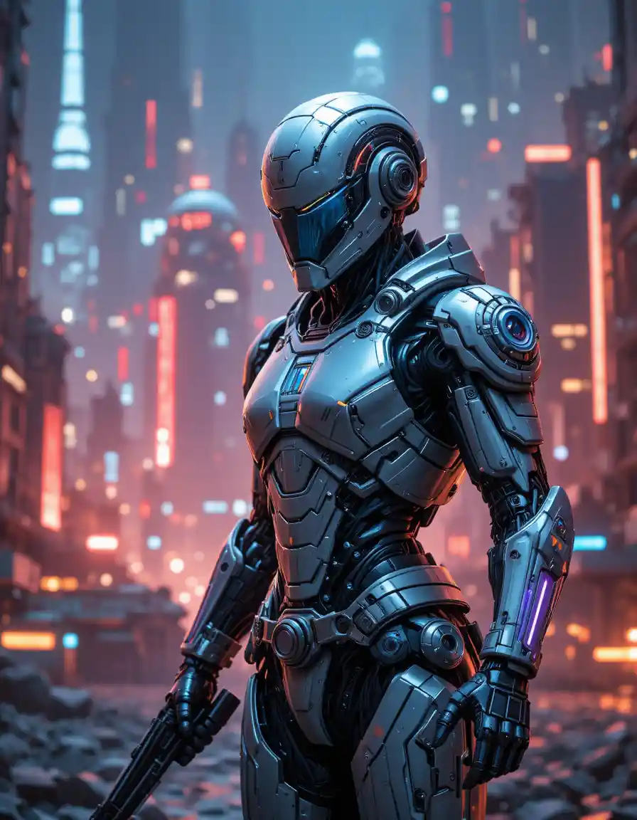 Cybernetic warrior before a glowing futuristic city skyline