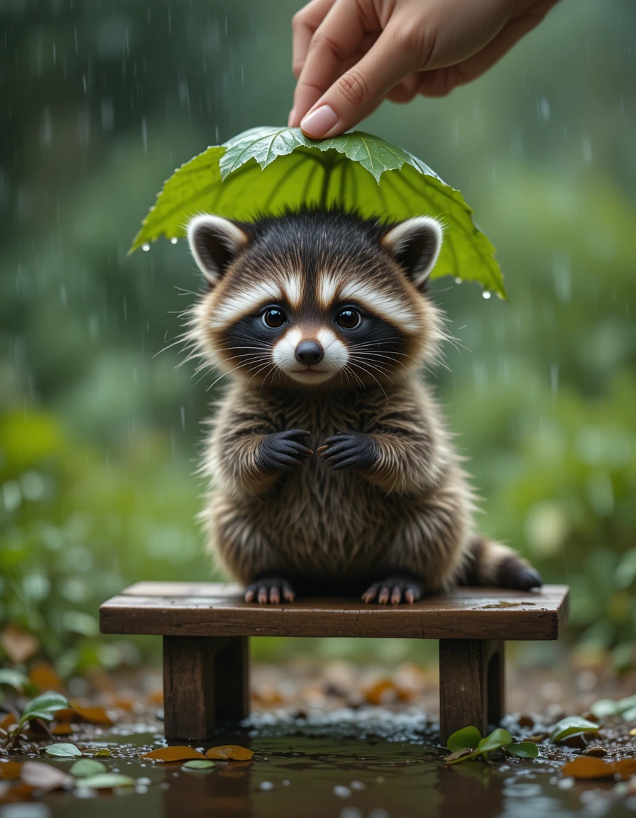Tierno bebé mapache protegido por un paraguas de hoja bajo la lluvia