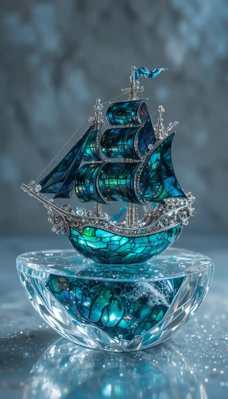 Iridescent crystal ship in turquoise and silver glow
