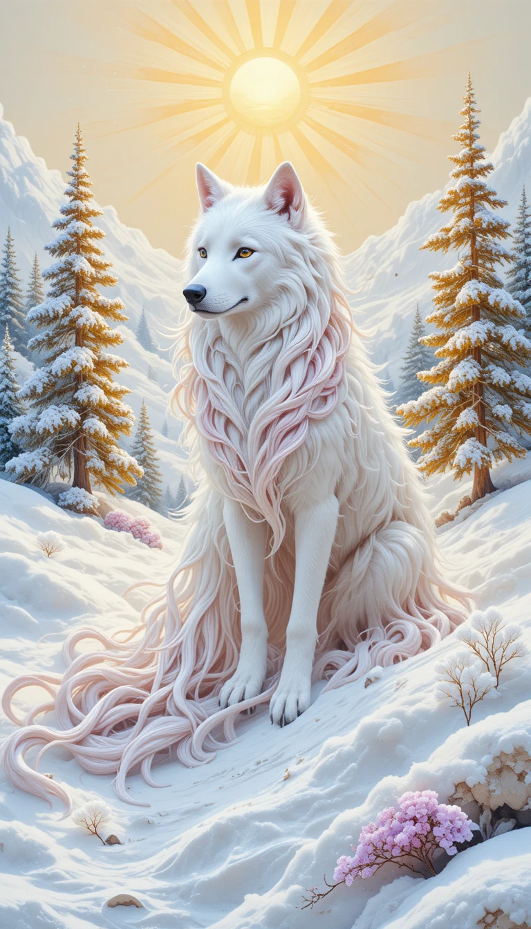 White wolf in a snowy landscape under a golden sun