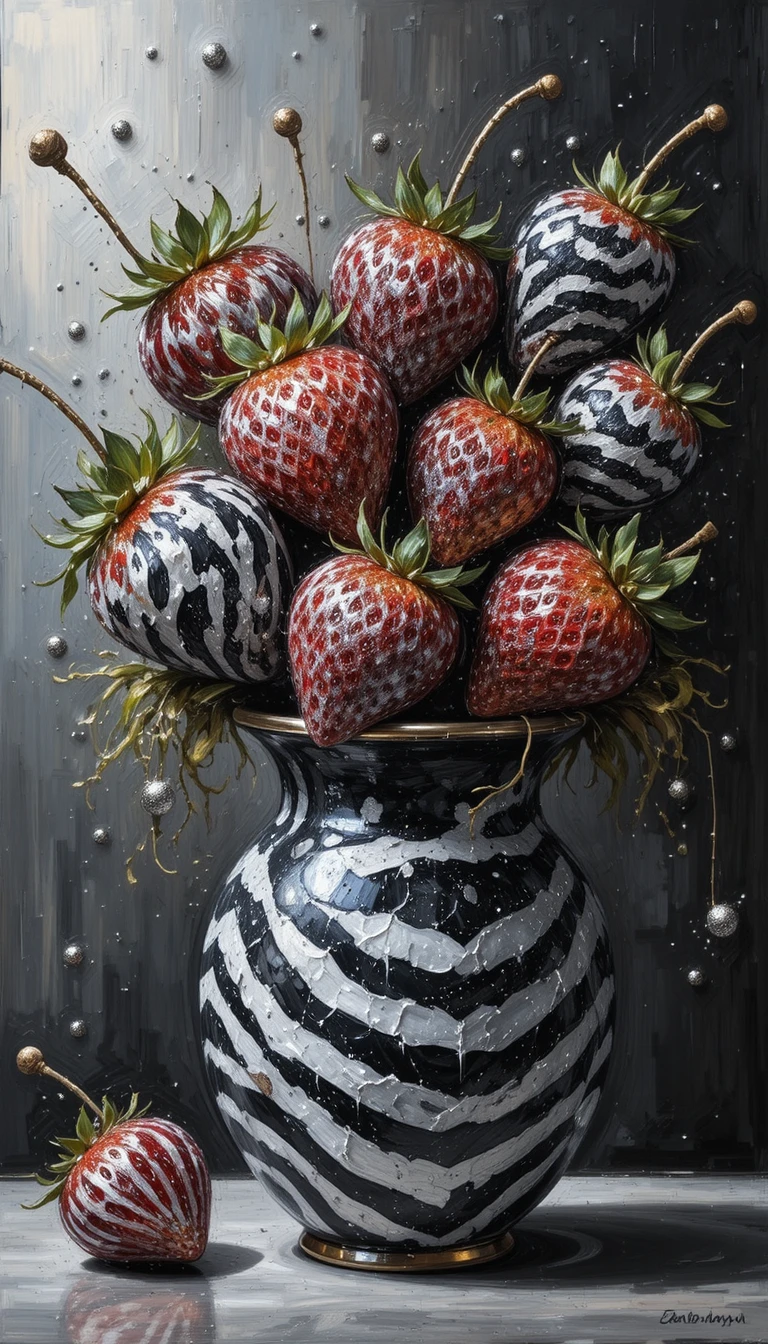 Fresas esponjosas con patrón de cebra en un jarrón, vista lateral