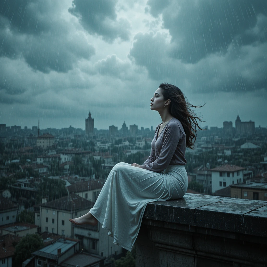 Young woman on classic urban rooftop under stormy sky