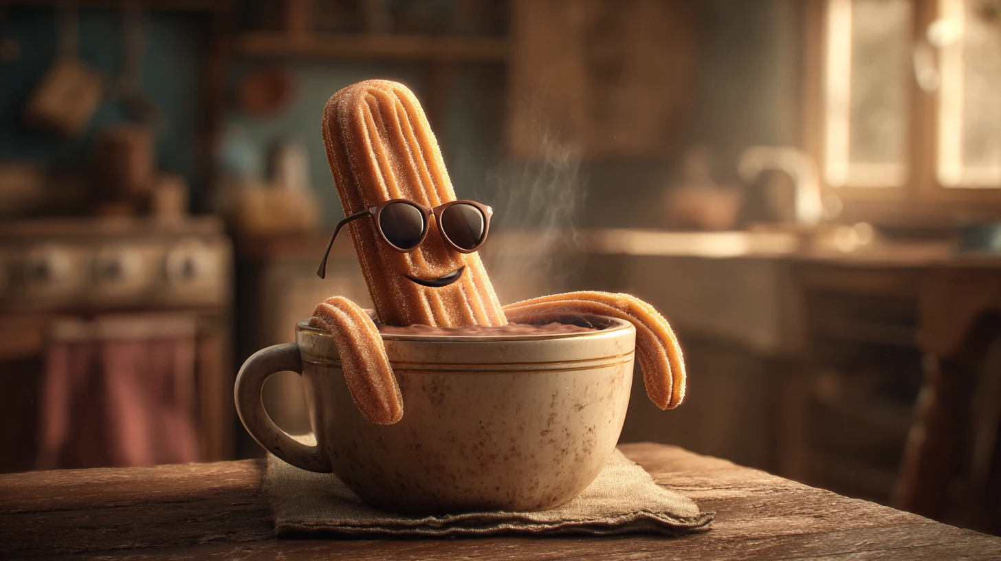 Churro genial relajándose en una taza de chocolate caliente