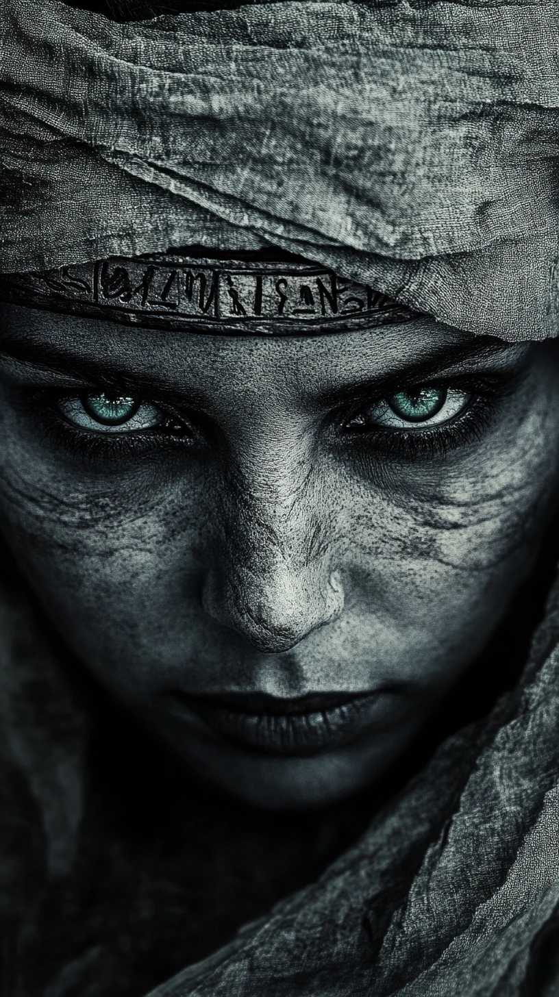 Mysterious bandaged woman with emerald eyes in black and white