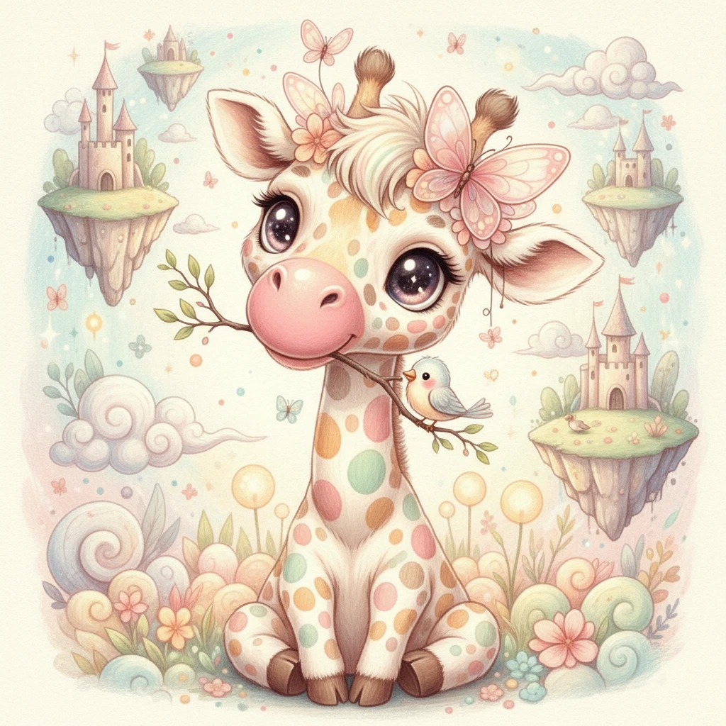 Cute baby giraffe cartoon with flowers and tiny bird