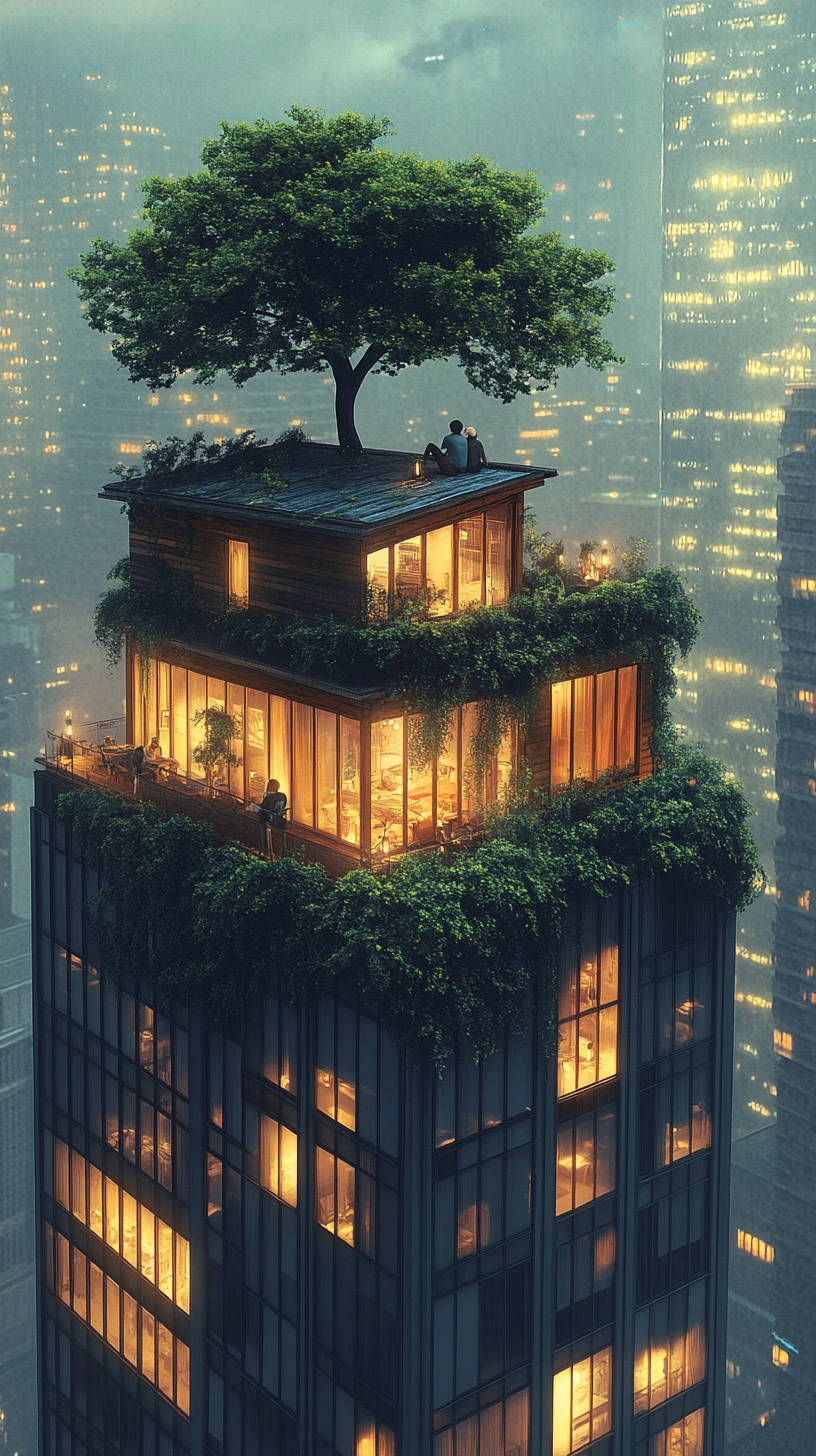 황혼 무렵 마천루 위에 자리한 소박한 오두막