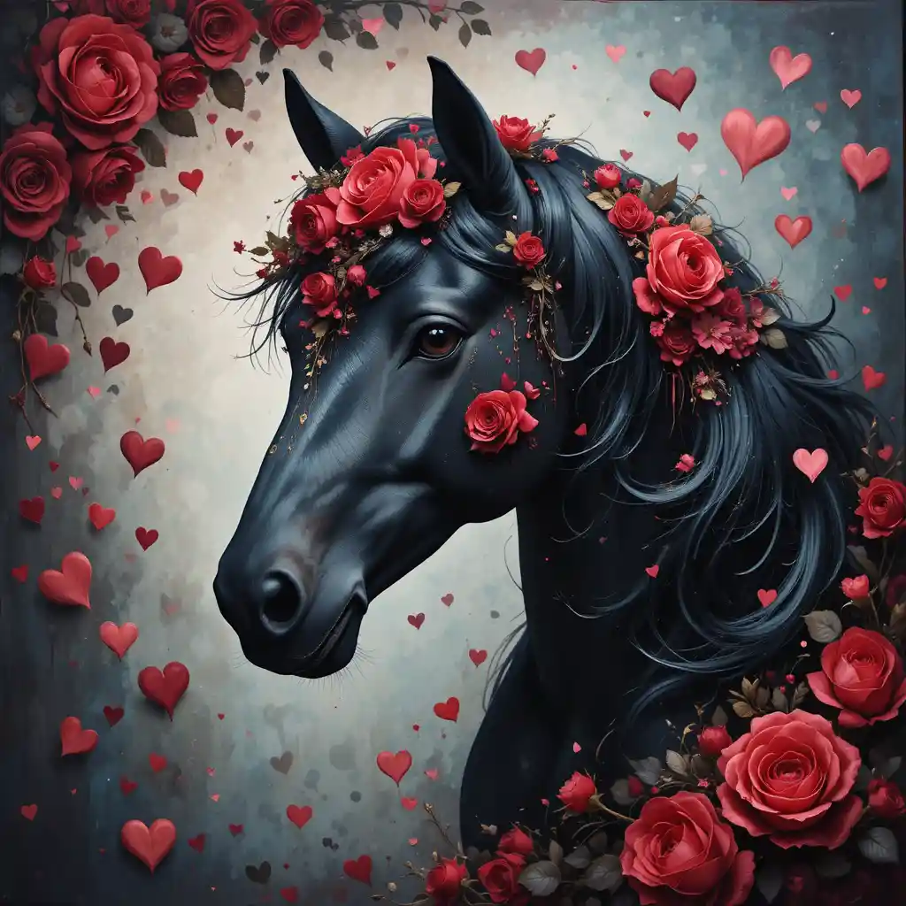 Black horse with red roses and floating hearts